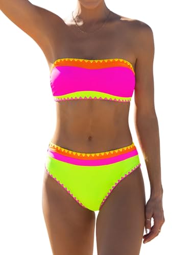 popvil Women's Neon Color Block Bandeau Swimsuits Strapless Bikini Sets Two Piece Bathing Suits