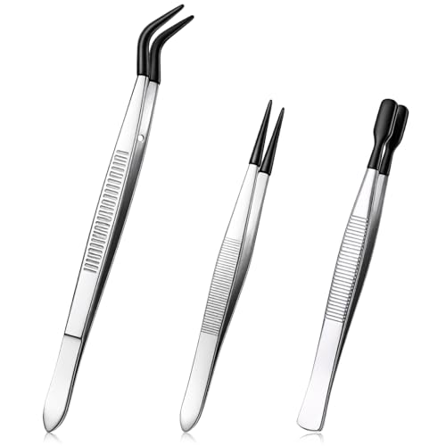 3 Pcs Rubber Tip Tweezers Bead Tweezers PVC Coated tweezer for crafting Jewelry-Tweezer Flat & Bent Head Tweezer for Crafts Stamps Beads Jewelry Tools (Black)