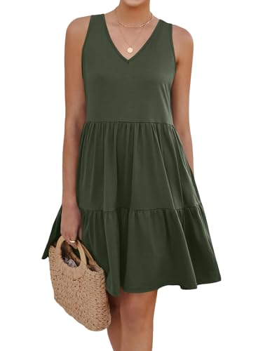 Womens Summer Dresses V Neck Tank Tiered Flowy Mini A Line Casual Sundress with Pockets
