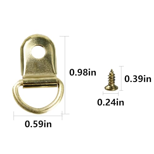 Image of D-Ring Picture Hangers with Screws - Bulk Pack of 50 - Small Single-Hole D Hooks for Secure Frame Hanging ,0.98IN*0.59IN Gold