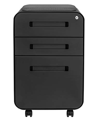 Laura Davidson Furniture STOCKPILE Curve Seated 3-Drawer Mobile File Cabinet with Removable Magnetic Cushion Seat - Metal Filing Cabinet, Pre-Assembled, Black with Dark Grey Cushion