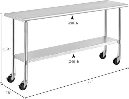 Image of ROCKPOINT Stainless Steel Table for Prep & Work with Caster Wheels 18x72 Inches, NSF Metal Commercial Kitchen Heavy Duty Table with Adjustable Under Shelf and Table Foot for Restaurant, Home and Hotel