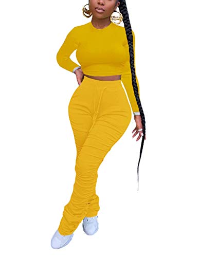 Women's Workout Sets Casual 2 Pieces Outfits Long Sleeve Crop Top Yoga Stacked Leggings Home Gym Sports Suits Yellow