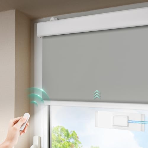 DENFOON Estor enrollable eléctrico con energía solar, sistema de fijación sin perforación y con taladrado, cortina oscura, con control remoto, recargable, para ventanas, color antracita, 90 x 170 cm