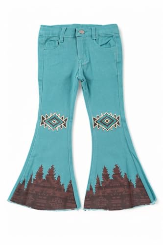 Teal Blue Aztec Printed Bootcut Denim Pants.