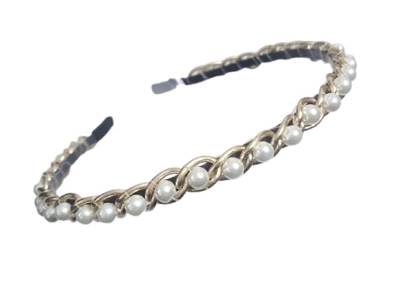 Image of Elegant Handcrafted Chain Hairbands /Headbands for Girls & Women Sleek Gold Chan with Pearls