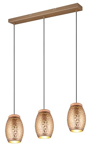 Reality Leuchten Pendelleuchte Bidar R31573065, Metall Coffee/Goldfarbig, Holz naturbelassen, exkl. 3x E27