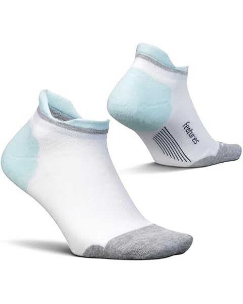 Feetures Elite Max Cushion No Show Tab Ankle Socks - Sport Sock with Targeted Compression - White Sky, L (1 Pair)
