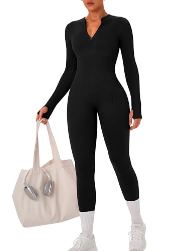 OLCHEE Womens Long Sleeve Workout Jumpsuit Seamless Ribbed Tummy Control Yoga Bodycon Zip Up One Piece Unitard Sculpt Rompers - Black Medium