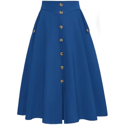 Belle Poque Womens A Line Midi Skirt Vintage Button Down Swing Skirt High Waisted Slit Pleated Skirt with Pockets, Royal Blue, L Cover