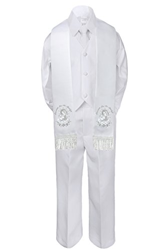 Unotux 5pc Baby Boy Toddler Plain Maria Pope Stole Christening Baptism Vest Suit SM-7 (XL: (18-24 Months), Silver in Spanish with Necktie)