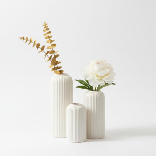 Image of KREATIVE ART'S White Flower Vase for Living Room | Ceramic Vase for Home Decor | Home Decoration Items for Living Room & Hall | White Ceramic Vase Set of 3