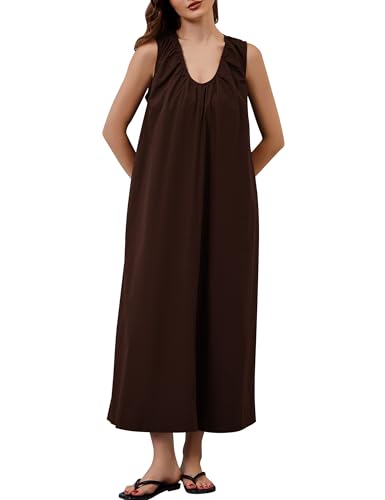 Image of Livtany Women's Scoop Neck Ruched Maxi Dress Flowy Swing Wide Straps Long Dress Casual Sleeveless Sundress with Side Pockets