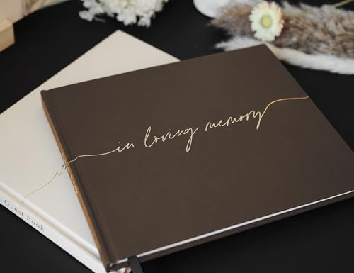 Image of Funeral Guest Book for Memorial Service, in Loving Memory 9x7.5 | 320 Entries, Table Sign Card Included, Gold Stamping, Twill-Textured Paper Cover, Celebration of Life Keepsake, Chocolate