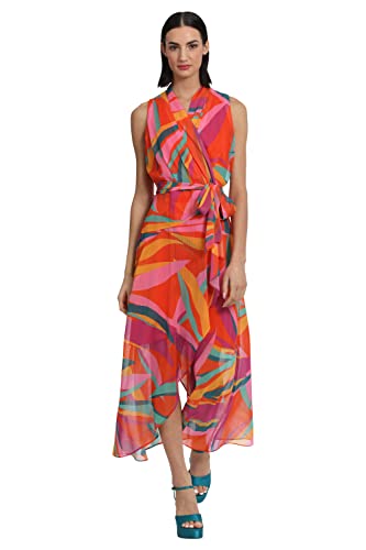 Image of Donna Morgan Women's Donna Morgan Women's Dresses Faux Wrap Shawl Collar High-Low Dress with Waist Tie