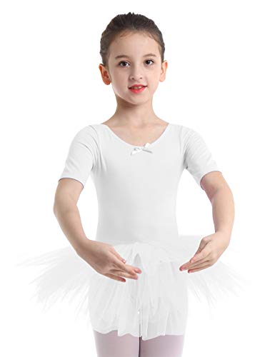 Aiihoo Mädchen Kurzarm Tanzkleid Ballettkleid Ballettkleidung Kinder Ballettanzug Tütü Ballett Trikot Turnanzug Tanzbody mit Tütü Rock Weiss 140-152 Cover