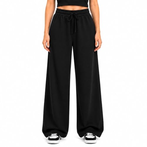 COMEOR Womens Jogging Bottoms Thin Lightweight Breathable Cotton Straight Leg Joggers Ladies Sports Yoga Trousers Long Training Pants Loose Sweatpants with Elastic Waist Drawstring Black