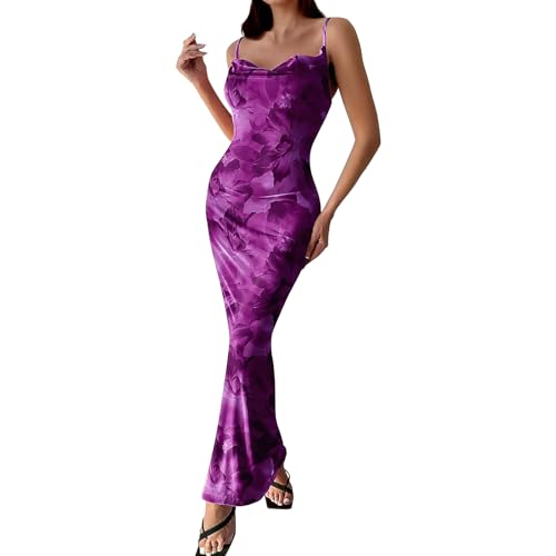 Image of Women's Spaghetti Strap Maxi Dress Floral Print Bodycon Long Dress Summer Beach Vacation Wedding Guest Outfits