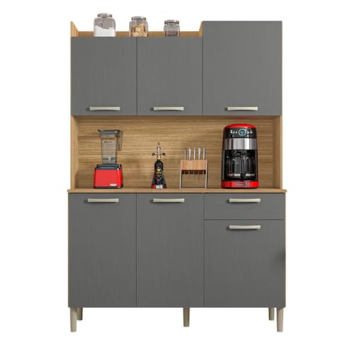 KITS PARANA Buffet de Cuisine 6 Portes 1 Tiroir Chêne et Gris Largeur 122 cm