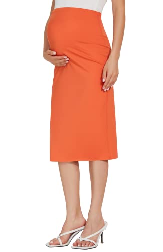Pacbreeze Women's Maternity Skirt Over The Belly Split Solid Midi High Waist Pregnancy Pencil Skirt Lounge Casual Work Dress (Burnt Orange, Small) #TOP24