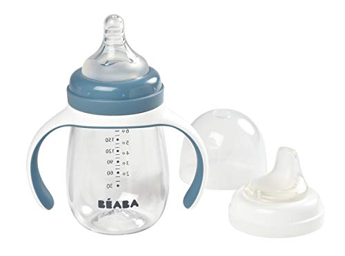 Image of BEABA 2-in-1 Baby Bottle to Transition Sippy Cup, No Spill Sippy Cup, Includes Removable Handles, Silicone Baby Bottle Nipple and Soft Spout, 7 oz (Rain)