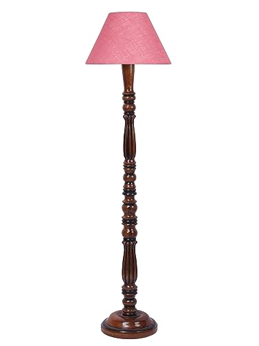 Image of Pink Jute Shade Wooden Floor Lamp with Wooden Base, Height - 53 Inches | Contemporary Standing Lamp for Living Room, Bedroom & Office | Elegant Lighting for Stylish Home Interiors