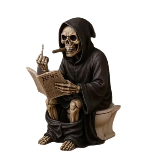 Hrlace Skelett Figuren Grimreaper Mittelfinger Figur Toiletten Totenkopf Statue Halloween Dekoration Lustige Sensenmann Statuen Harz Skelettfiguren für Zuhause Büro Schreibtisch Geschenke