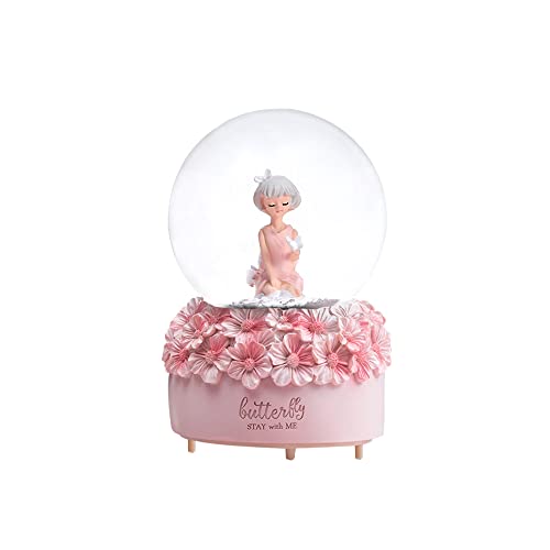 Girl Figurine Snow Globe for Women Girls, 80mm Resin Glitter Water Globe Music Box with Color Changing LED Lights and Flower Base, Home Decor (Pink)