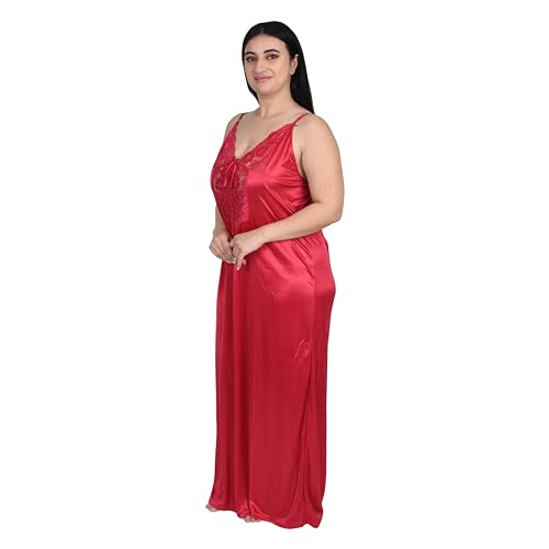 Image of Women Satin Solid Nightwear Maxi Set Nighty with Net Sleep Robe for Women, Dark Pink