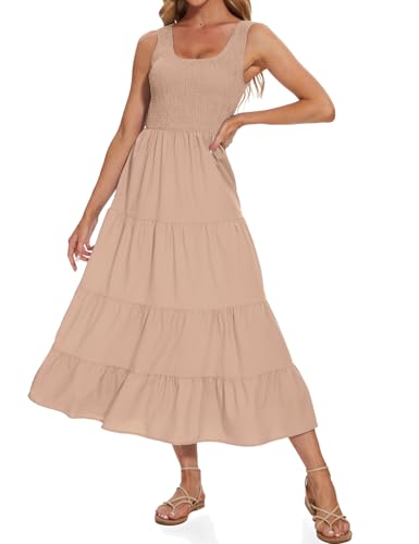 Image of Women's Summer Smocked Maxi Dresses Sleeveless U Neck Ruffle Hem Tiered A Line Flowy Dress
