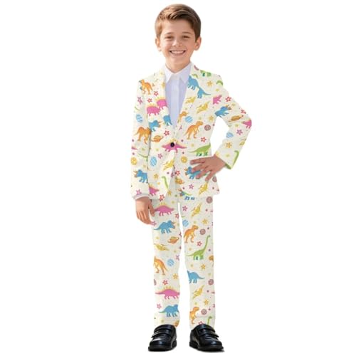 Mintulipy Boys Suits Colorful Cartoon DinosaurFormal Suit 2 Piece Set Slim Fit Wedding Tuxedo Kids Casual One Button Suit Jacket Dress Pants with Pockets
