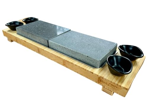 Black Rock Grill Signature Sharing Steak Stone Cooking Set - Premium Hot Stone Cooking Gift Set for 2 People. 2x Large Lava Rocks Bamboo Board 4 Dipping Pots & Underplates.