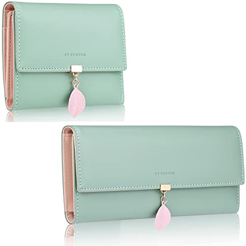 FT Funtor RFID Wallets for Women, Leaf Card Holder Trifold Ladies Wallets Coins Zipper Pocket with ID Window Green