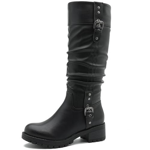 GLOBALWIN Women's Black Knee-High Boots: Fashion Dressy Riding Boots - Chunky Low Heel, Slouchy Design, Buckle Detail, All-Season, Comfortable 2-Inch Heels