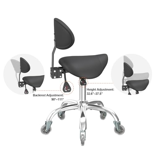 Image of Saddle Stool with Back Support, 350LBS Ergonomic Rolling Chair, Black | 350 LBS Load, Height Adjustable, 360 Swivel Casters, Ergonomic Backrest, Multi-Use for Salon, Tattoo, Spa, Dentist