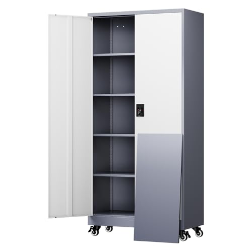 Image of Yizosh Metal Garage Storage Cabinet with Locking Doors and Adjustable Shelves,- 75 inch Rolling Steel Tool Cabinet for Home Office,Garage,Warehouse