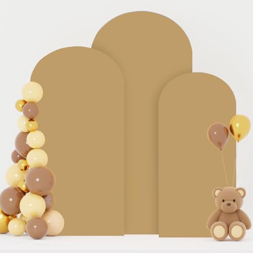 Image of FOTSHARER Wedding Arch Cover Set of 3 Brown Arch Cover 4FT 5FT 6FT Arch Stand Covers Balloon Arch Covers Stretchy Backdrop Round Top Chiara Arch Stand Cover Khaki Arch Backdrop for Wedding Party Decor