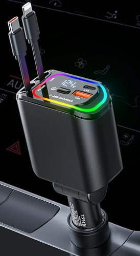 Compact Retractable Car Charger USB C 100W 4 in 1 Fast Charging Car Accessories Car Phone Charger with Retractable Cord(35.5in) and RGB Light for iPhone 16 15 14 13 12 11 Samsung Android Laptops