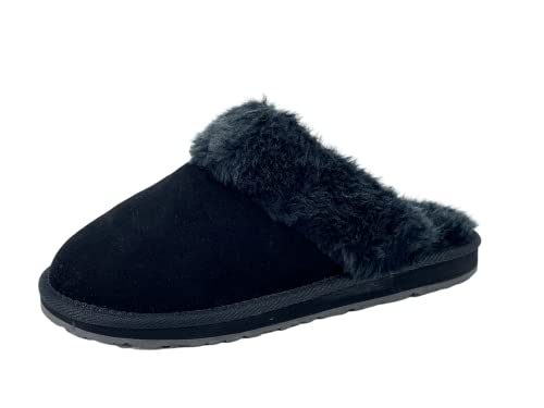 Image of Clarks Womens Open Back Suede Leather Comfort Clog Slipper JMS0583C - Plush Faux Fur Trim - Indoor Outdoor House Slippers For Women