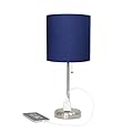 Simple Designs LT2024-NAV Brushed Steel Stick Table Desk Lamp with Charging Outlet and Drum Fabric Shade, Navy Blue Shade