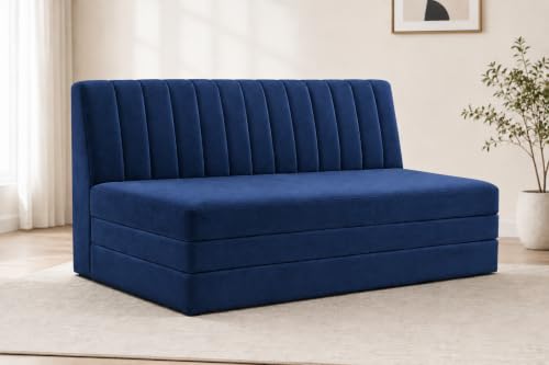 Image of Three Seater Sofa Bed, Velvet Fabric Foldable Sofa Cum Bed with Soft Foam Cushioning, Convertible Floor Couch for Living Room, Guest Room & Home Use (Blue, Pre-Assembled)