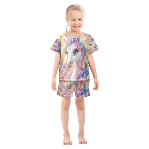 ALAZA Unicorn Rose Flower Floral Pajamas Set Short Sleeve Cotton Sleepwear Summer Pjs 2 Piece 5-14Y3
