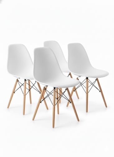 Kit 4 Cadeiras Eiffel Charles Eames DSW – Polipropileno Preto e Base de Madeira Clara – Sala de Jantar, Cozinha ou Escritório (Branco)