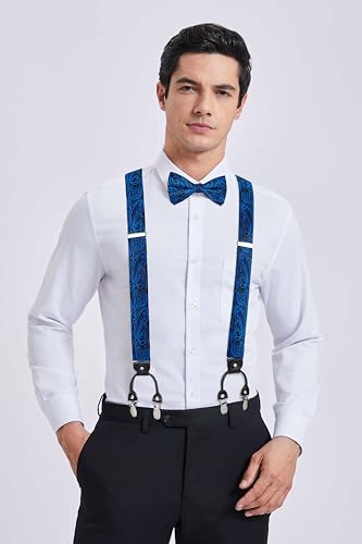 Image of HISDERN Suspenders for Men Paisley Floral Bow tie Suspender Pocket Square Sets Adjustable Y Shape 6 Clips Wedding Braces