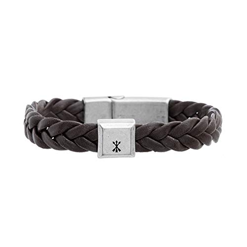 Steve Madden Men's Brown Braided Faux Leather Bracelet in Stainless Steel