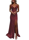 PUXIU Sexy Sparkly Prom Dresses 2025 for Women Burgundy Spaghetti Strap Tight Backless Prom Dresses for Teens with Slit 8