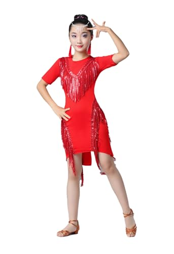 EFLALYHG Niñas Flecos Falda Baile Latino Moderno Baile de Salón Vestido Profesional Cha Cha Salsa Rumba Tango Bailarina Disfraz,Red b,140