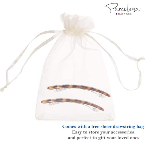 Parcelona French Skinny Rounded Light Shell Savana Large 4” Celluloid Automatic Set of 2 Hair Clip Barrettes for Women and Girls miniatura 6