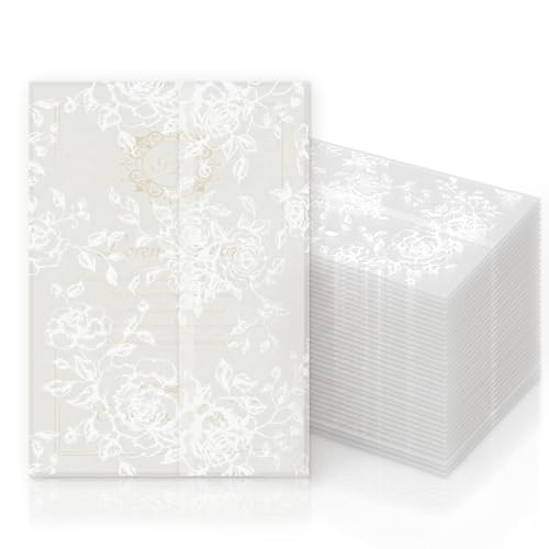 Vellum Jackets for 5x7 Envelopes for Invitations Wedding Envelopes Vellum Paper Kit Sleeves Pre-Folded Floral Wraps Jacket Wildflower for Craft (White Rose 50)