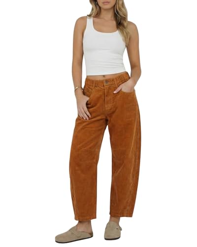 OctMoon Womens Corduroy Barrel Pants Mid-Rise Elastic Waist Corduroy Pants Wide Leg Trousers Casual Wide Leg Baggy Trouser with Pockets(Caramel)-L
